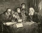 Luther (1483-1546) Melancthon (1497-1560) Pomeranus (1485-1558) and Cruciger (1504-48) translating the bible (engraving)
