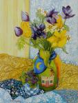 Tulips and Anemones with a Pot of Violets,2010,watercolour