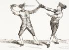 A swordsman in position to thrust after grasping his opponent's sword or sword hand, from 'XVIII Siecle Institutions, Usages et Costumes', published 1875 (litho)