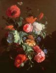 Poppies, Roses, Lilies, Daisies, a Convolvulus and Other Flowers in a Glass Bowl on a Ledge, with a Cabbage White Butterfly Above