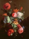 Poppies, Roses, Lilies, Daisies, a Convolvulus and Other Flowers in a Glass Bowl on a Ledge, with a Cabbage White Butterfly Above