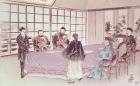 The Japanese ministers I-Tso and Mou-Tsou discuss with the Chinese envoy Ri-Ko-Sho the conditions of the Shimonoseki truce, 16th April 1895 (colour litho)