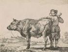 Man standing with bull (etching)