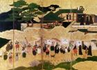 The Arrival of the Portuguese in Japan, detail of the right-hand section of a folding screen, Kano School (lacquer)