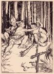 The giant gave the one who was sitting next to him a box on the ear. Illustration by Arthur Rackham from Grimm's Fairy Tale, The Skillful Huntsman.