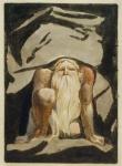'A naked man with a long beard kneeling with one knee raised and both hands on the ground', plate 23 from 'The First Book of Urizen', 1794 (colour-printed relief etching with ink and w/c on paper)