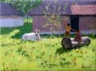 WHITE COW AND TWO CHILDREN,MANKOTTA ISLAND,KERALA,INDIA(oil on canvas)