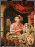 Girl holding a doll in an interior with a maid sweeping behind (oil on canvas)