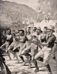 Maori soldiers perform a Haka at Gaba Tepe on the Gallipoli Peninsula Turkey 1915, from 'The War Illustrated Album deLuxe', published in London, 1916 (litho)