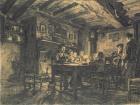 Family supper in the evening, 1883 (charcoal on paper)