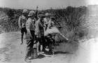 Off duty soldiers during WWI, fishing for sticklebacks (b/w photo)