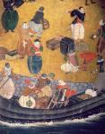 The Arrival of the Portuguese in Japan, detail of unloading merchandise, from a Namban Byobu screen, 1594-1618 (gouache on paper)