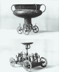 Two votive chariots for collecting rainwater: Top - cup supported on four wheels from the Peccatel tumulus, Mecklembourg, Germany. Bottom - standing female divinity beneath a plate surrounded by warriors on horseback (bronze)