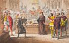 Shylock speaks in The Merchant of Venice, Act IV, Scene I, 'Is that the law?', from 'The Illustrated Library Shakespeare', published London 1890 (colour litho)