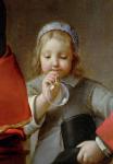 Travellers in an inn, detail of a child blowing a bubble (oil on canvas)