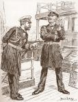 Pre World War One cartoon entitled The Force of Example, with the following text: Wilhelm II, right, German Emperor (patronisingly); "I hear you're building a new fleet. Any particular object?" Tsar Nicholas: "No, merely cause of peace, same as you" From 