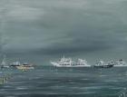 Ships and boats at Cannes, 2014, (acrylic on canvas board)