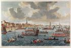 View of Gravesend with troops crossing the Thames to Tilbury Fort (engraving)