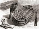 Worker using an electrochemical bath to copper plate a chandelier cast in Monsieur Oudry's workshop in the 19th century, from Les Merveilles de la Science, published c.1870 (engraving)