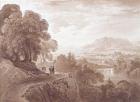 Travellers on a road above a river, 1821 (brown wash over graphite on paper)