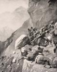 Italian troops levering boulders down onto enemy soldiers in the Dolomities, 1915, from 'The War Illustrated Album deLuxe' published in London, 1916 (litho)