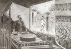 The 'Theatre Optique' and its inventor Emile Reynaud (1844-1918) with a scene from 'Pauvre Pierrot', c.1892-1900 (engraving) (b/w photo)