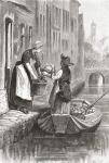 A man selling fresh vegetables on a by-canal in The Hague, the Netherlands in the 19th century. From Pictures From Holland by Richard Lovett, published 1887.