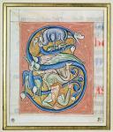 Historiated initial 'S' depicting an acrobat and fantastical animals, from the Bible of Saint-Andre aux-Bois (vellum)