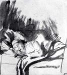 Sick woman in a bed, maybe Saskia, wife of the painter, c.1640 (pen & bistre on paper) (b/w photo)