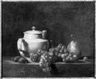 White Teapot with Two Chestnuts, White Grapes and a Pear (oil on canvas) (b/w photo)