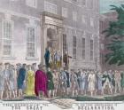 On 4th July, 1776, members of the Second Continental Congress leave Philadelphia's Independence Hall after adopting the Declaration of Independence from Great Britain, from a 19th century print (colour litho)