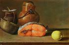 Still Life with a Piece of Salmon, a Lemon and Kitchen Utensils (oil on canvas)