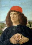 Portrait of a young man holding a medallion of Cosimo I de' Medici ('The Elder') (1389-1463) (tempera on panel)