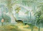 A Landscape in Ceylon, with Barking Deer and Fawn and a pair of Paradise Fly-Catchers, c.1808-11 (w/c on paper)