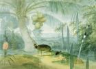 A Landscape in Ceylon, with Barking Deer and Fawn and a pair of Paradise Fly-Catchers, c.1808-11 (w/c on paper)