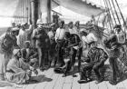 Mr Stanley and some of his African followers on board HMS Industry, published in 'The Illustrated London News', January 5 1878 (engraving)