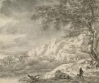 Mountainous Landscape with a Hiker (chalk and indian ink on paper)