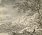 Mountainous Landscape with a Hiker (chalk and indian ink on paper)