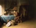 An Old Man Lighting his Pipe in a Study (oil on canvas)