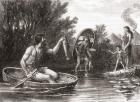 Early Briton fishing from a coracle, a small lightweight boat, in the first century. From Cassell's History of England, published c.1901