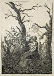 The Woman with a Spider's Web in the middle of Leafless Trees (woodcut)