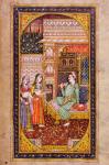 Two servant girls serve refreshment to a noble man in a richly decorated room, Rajasthani miniature painting (w/c on paper)