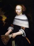 A portrait of a young girl holding a fan, a landscape beyond, c.1650 (oil on canvas)