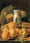 Still Life of Oranges, Watermelon, a Pot and Boxes of Cake (oil on canvas)