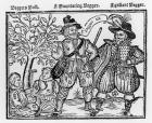 'Beggars All': Beggars Bush, a Wandering Beggar and a Gallant Beggar, titlepage of 'The Praise, Antiquity and Commodity of Beggary, Beggars and Begging' (woodcut) (b/w photo)