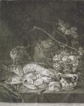 Banquet Piece with Lobsters, Fish and Cat (mezzotint with burn work)