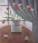 Tulips, Curtain, Cups, 2002 (oil on canvas)