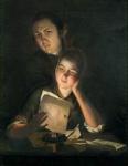 A Girl reading a letter by Candlelight, with a Young Man peering over her shoulder, c.1760-2