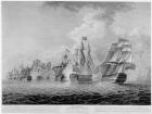 H.M.S.'Victory' bearing up in order to rake the 'Salvador del Munde', sea fight off Cape St. Vincent in 1797, engraved by James Fittler (1758-1835) pub. 1798 (engraving) (b&w photo)