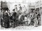 A Play in a London Inn Yard in the Time of Queen Elizabeth, engraved by Joseph Swain (1820-1909) (engraving) (b&w photo)